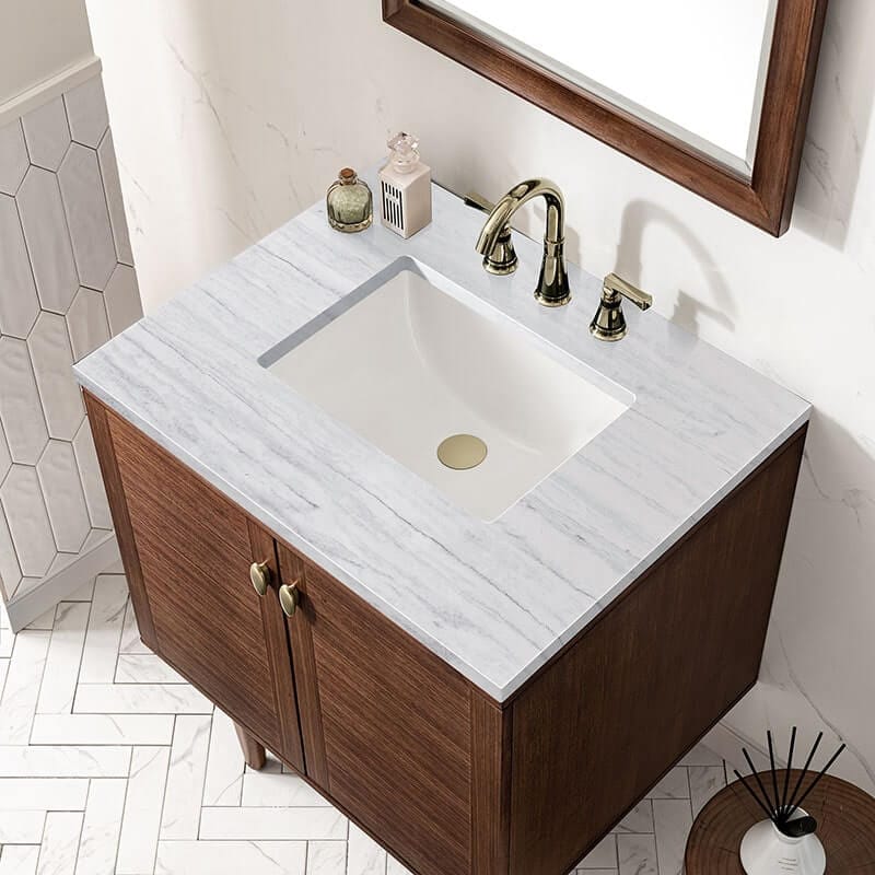 James Martin Amberly 30" Single Vanity Mid Century Walnut Arctic Fall Solid Surface Top