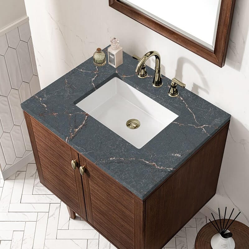 James Martin Amberly 30" Single Vanity Mid Century Walnut Parisien Bleu Silestone Top