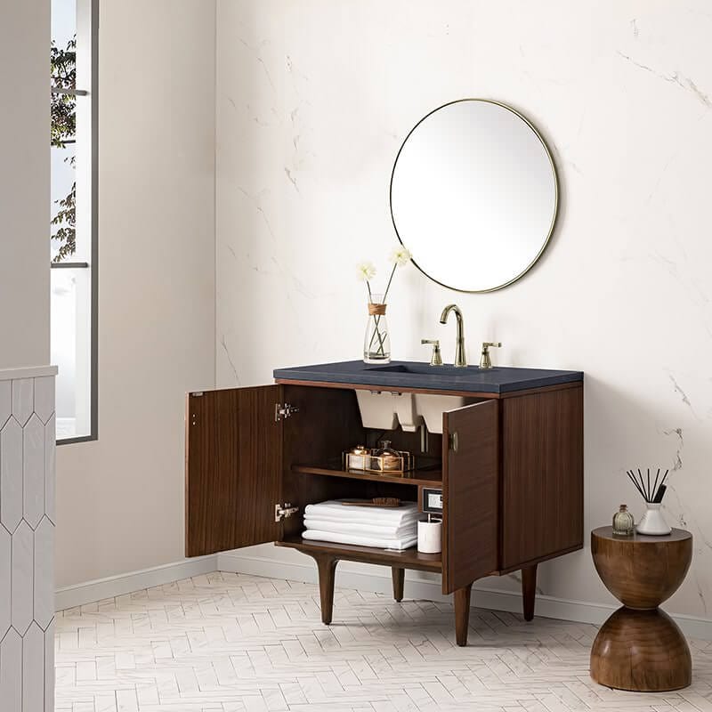 James Martin Amberly 36 Inch Single Vanity in Mid Century Walnut Freestanding