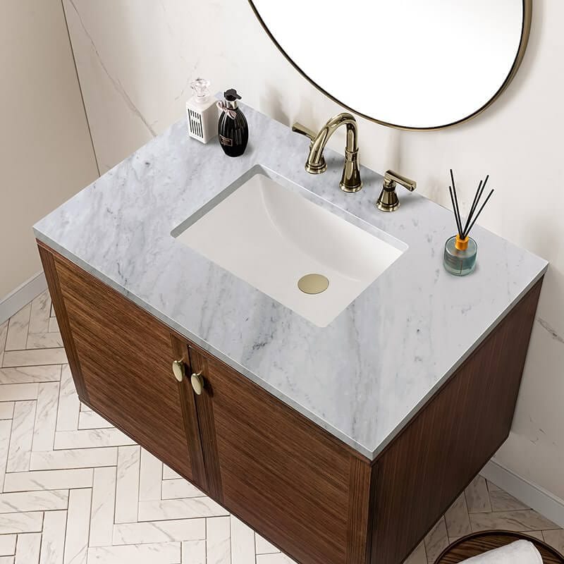 James Martin Amberly 36 Inch Single Vanity in Mid Century Walnut With Carrara Marble Top
