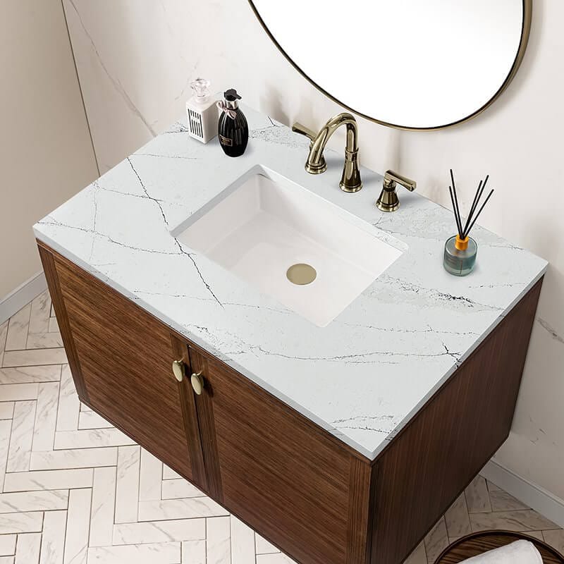 James Martin Amberly 36 Inch Single Vanity in Mid Century Walnut With Ethereal Noctis Top