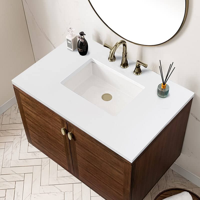 James Martin Amberly 36 Inch Single Vanity in Mid Century Walnut With White Zeus Top