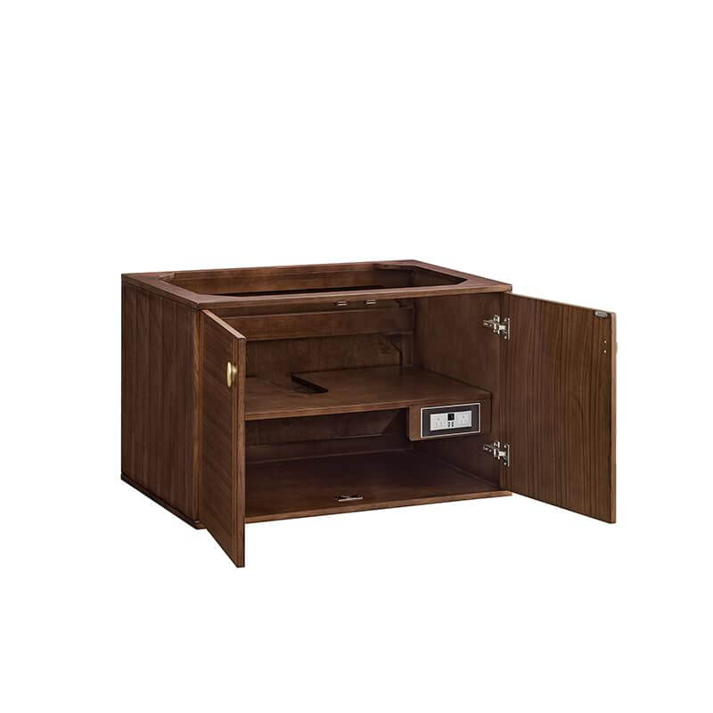 James Martin Amberly 36" Single Vanity in Mid Century Walnut Corner View Open Door Without Legs