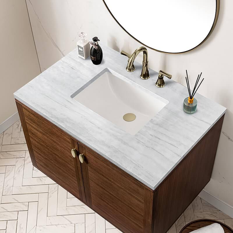James Martin Amberly 36" Single Vanity in Mid Century Walnut With Arctic Fall Top