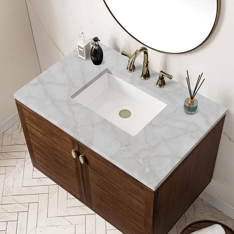James Martin Amberly 36" Single Vanity in Mid Century Walnut With Victorian Silver Top