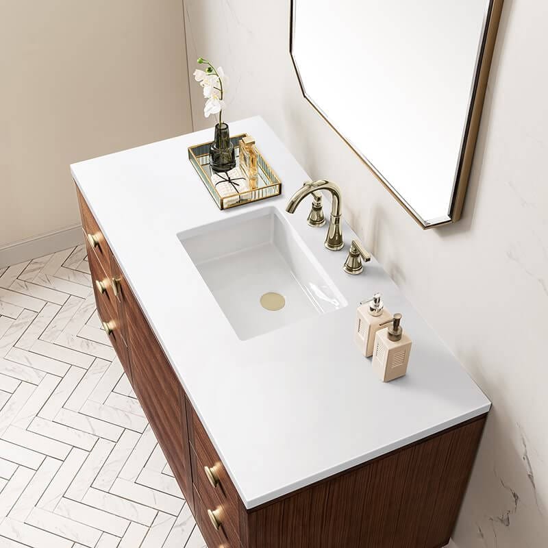James Martin Amberly 48 Inch Single Vanity in Mid Century Walnut With White Zeus Top