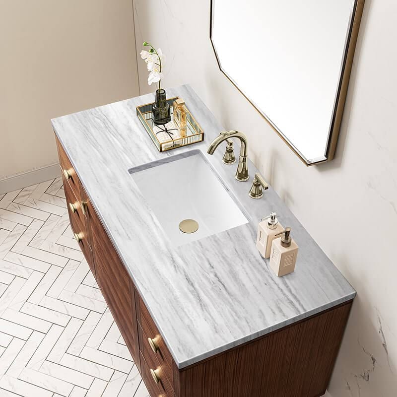 James Martin Amberly 48" Single Vanity in Mid Century Walnut With Arctic Fall Top