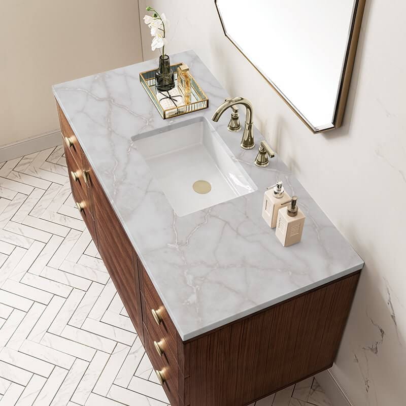 James Martin Amberly 48" Single Vanity in Mid Century Walnut With Victorian Silver Top