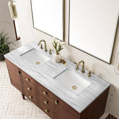James Martin Amberly 60" Double Vanity in Mid Century Walnut With Arctic Fall Top