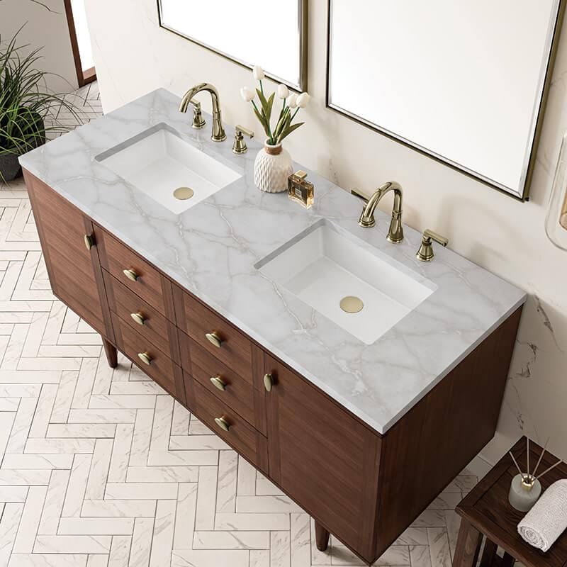 James Martin Amberly 60" Double Vanity in Mid Century Walnut With Victorian Silver Top