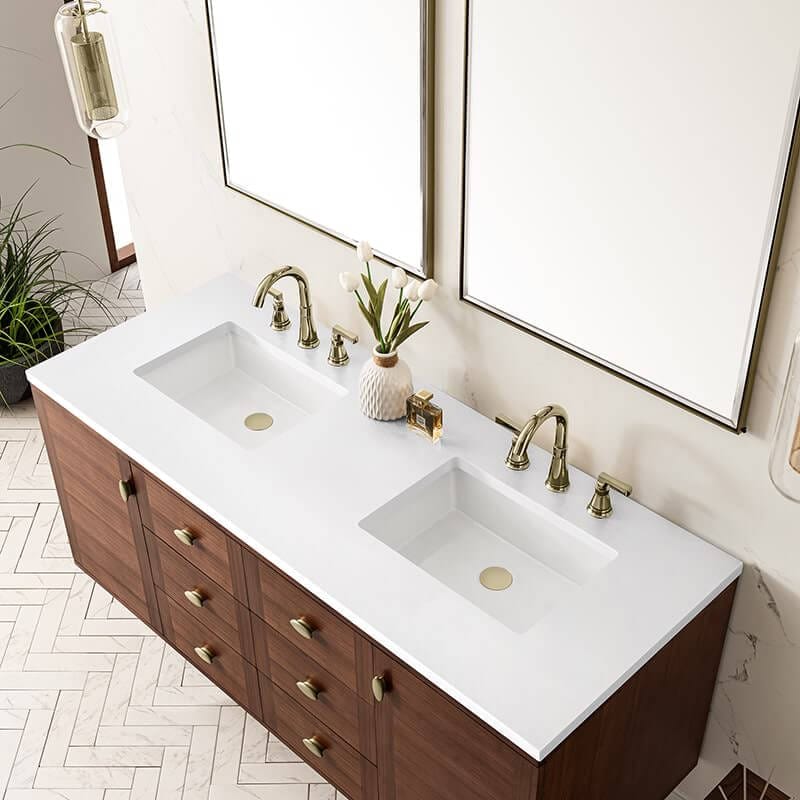 James Martin Amberly 60 Inch Double Vanity in Mid Century Walnut With White Zeus Top