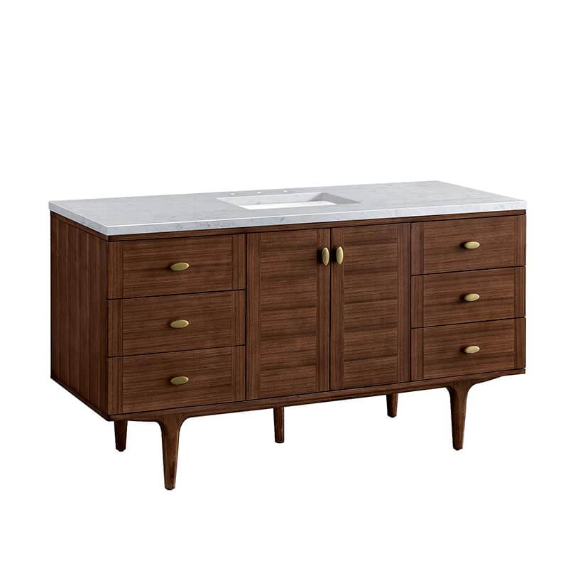 James Martin Amberly 60 Inch Single Vanity in Mid Century Walnut With Carrara Marble Top