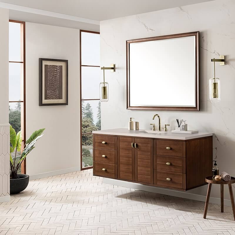James Martin Amberly 60" Single Vanity in Mid Century Walnut Corner View Wall Mounted