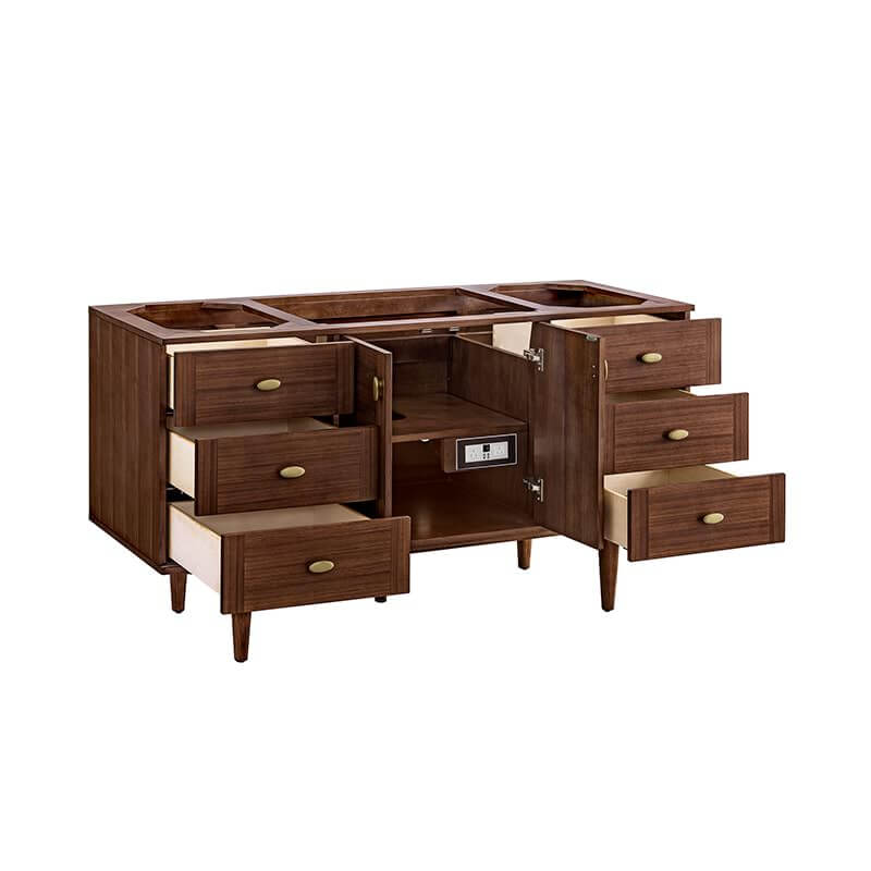 James Martin Amberly 60" Single Vanity in Mid Century Walnut Corner View With Base