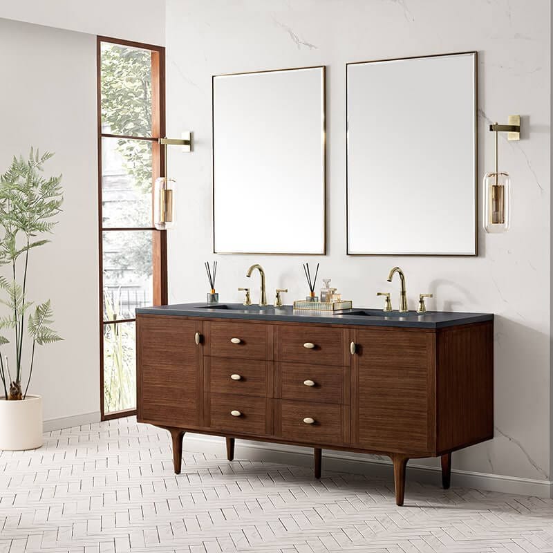 James Martin Amberly 72" Double Vanity in Mid Century Walnut Corner View Freestanding