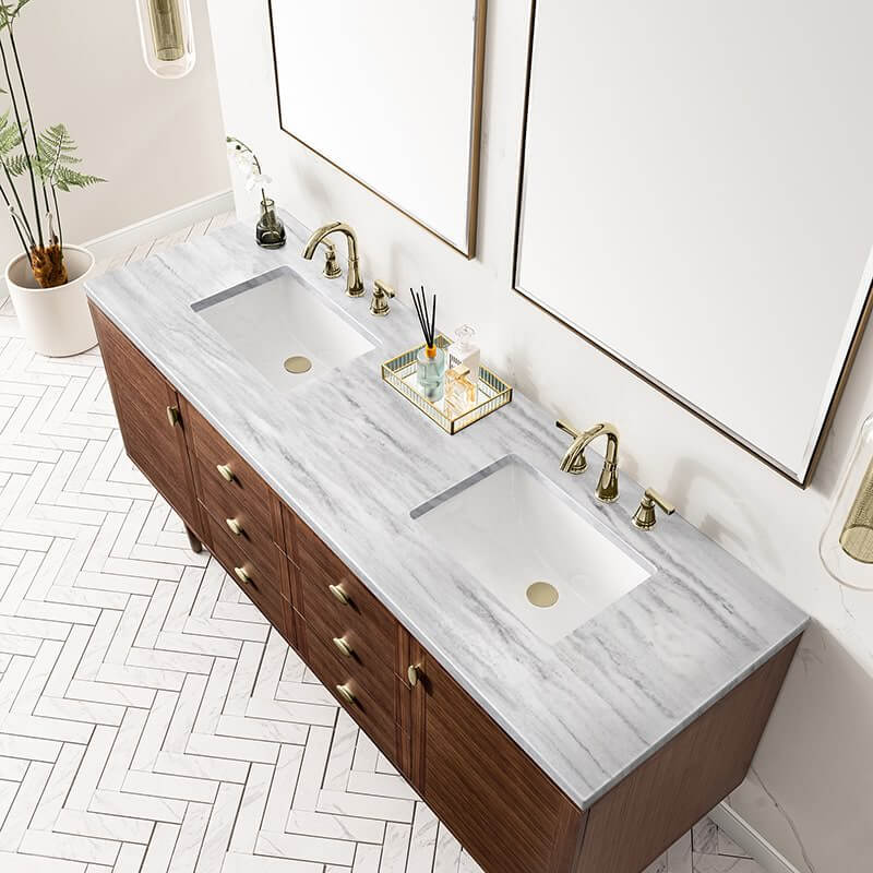 James Martin Amberly 72" Double Vanity in Mid Century Walnut With Arctic Fall Top