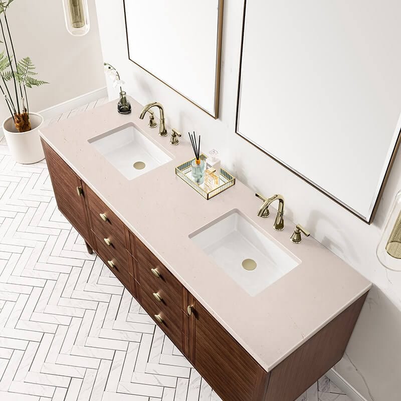 James Martin Amberly 72" Double Vanity in Mid Century Walnut With Eternal Marfil Top