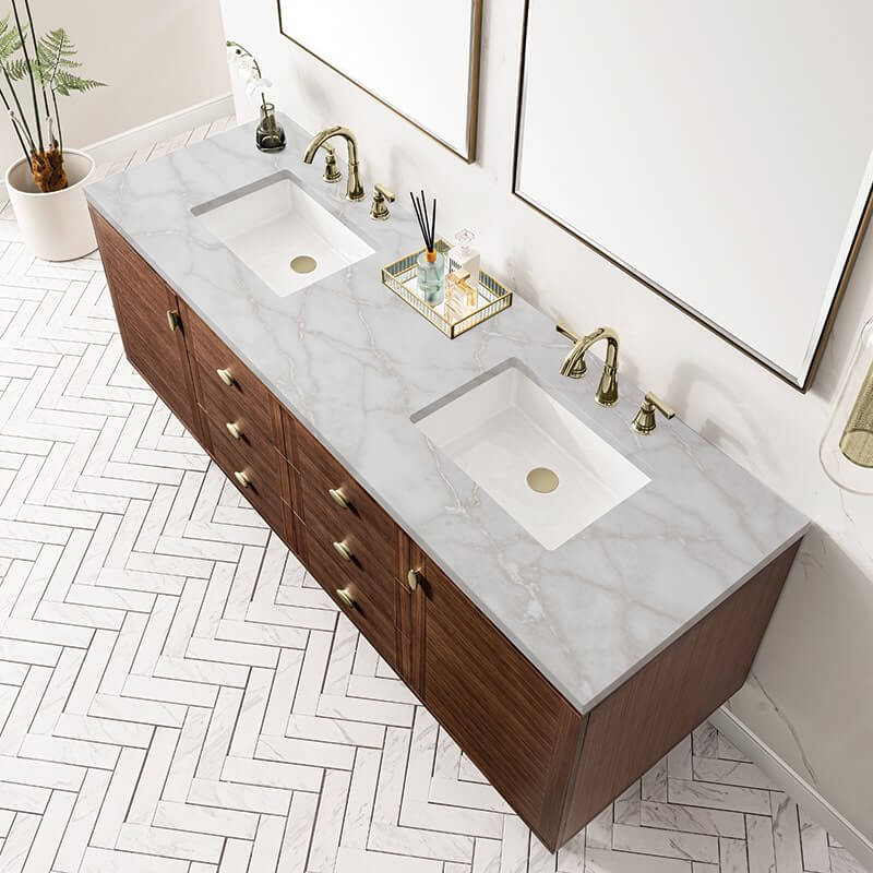 James Martin Amberly 72" Double Vanity in Mid Century Walnut With Victorian Silver Top