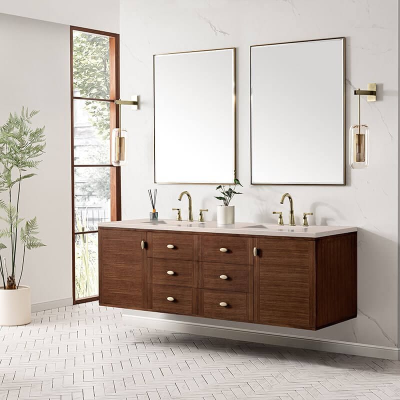 James Martin Amberly 72 Inch Double Vanity in Mid Century Walnut Corner View Floating