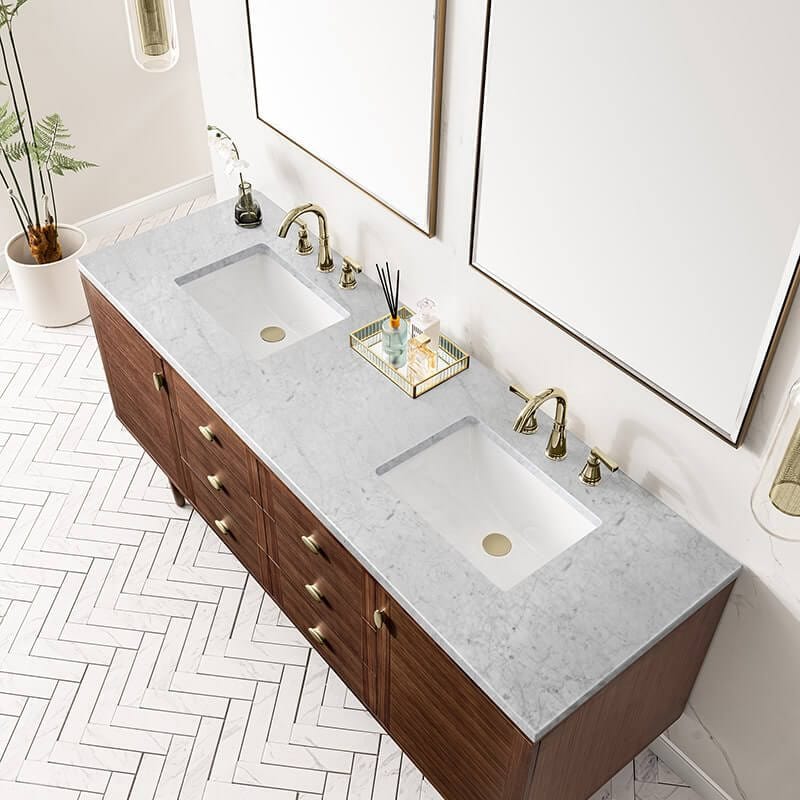 James Martin Amberly 72 Inch Double Vanity in Mid Century Walnut With Carrara Marble Top
