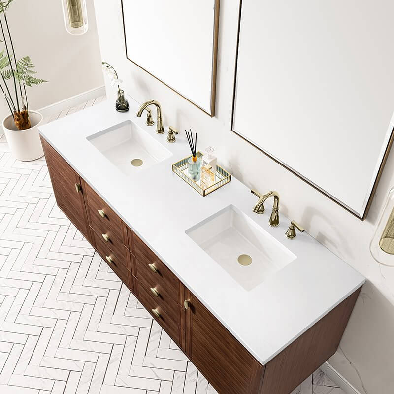 James Martin Amberly 72 Inch Double Vanity in Mid Century Walnut With White Zeus Top