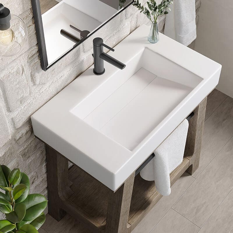 James Martin Auburn 31.5" Single Vanity Weathered Timber Glossy White Mineral Composite Stone Top