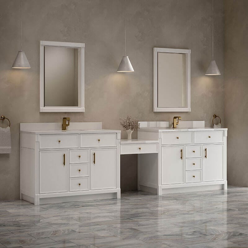 James Martin Bellshire 120 Dual Vanity With 24 Make-Up Counter Bright White in Faucet White Zeus Silestone Top & Backsplash Corner View