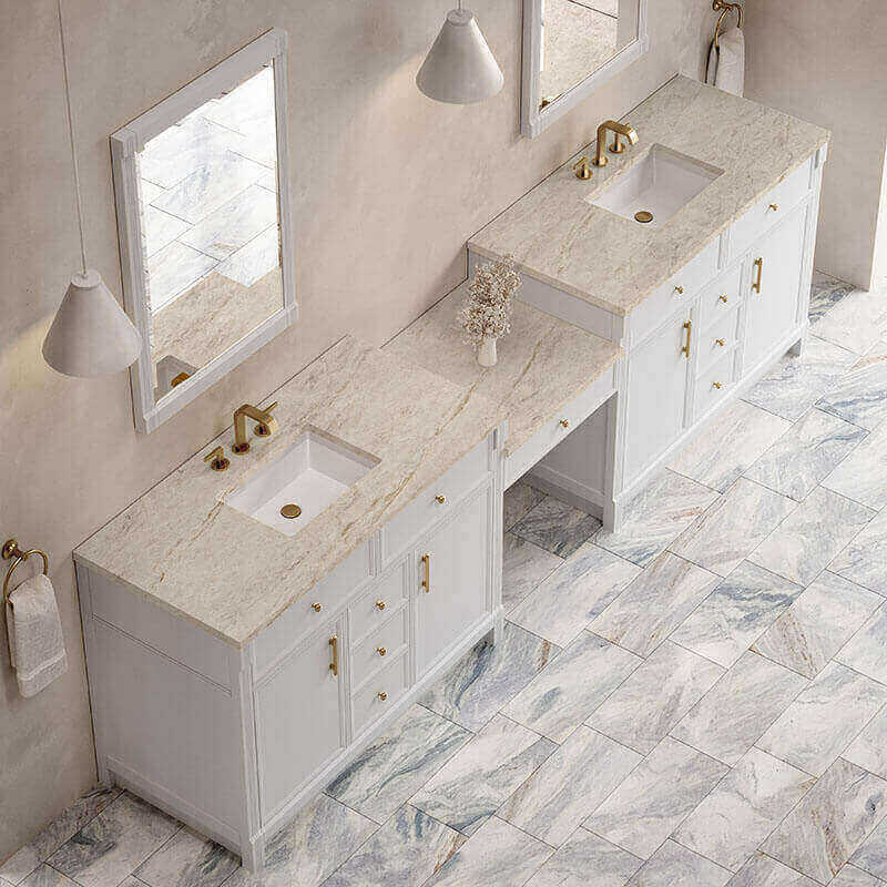 James Martin Bellshire 120 Dual Vanity With 24 Make-Up Counter Bright White in Tajnar Eclos Top