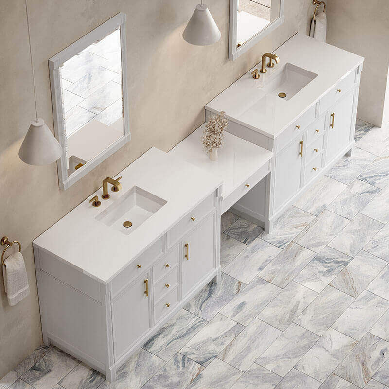 James Martin Bellshire 120 Dual Vanity With 24 Make-Up Counter Bright White in White Zeus Silestone Top