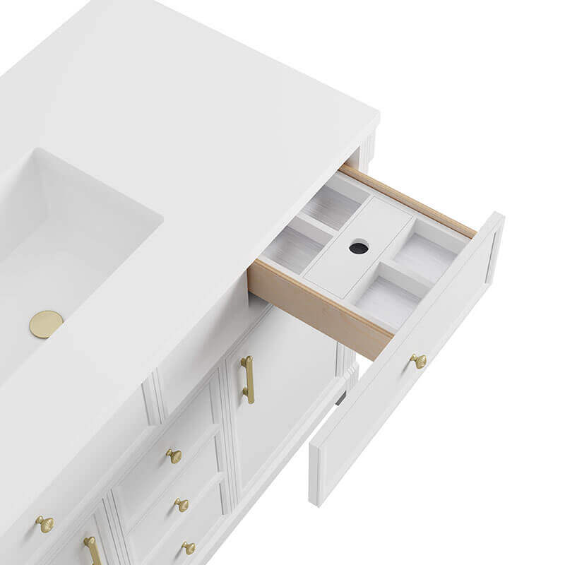 James Martin Bellshire 120 Inch Dual Vanity With 24 Inch Make-Up Counter Bright White in Faucet White Zeus Silestone Top & Backsplash Adjustable Drawer Dividers