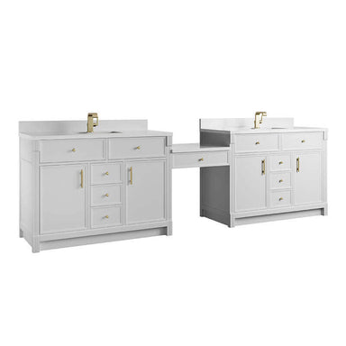 James Martin Bellshire 120 Inch Dual Vanity With 24 Inch Make-Up Counter Bright White in Faucet White Zeus Silestone Top & Backsplash Corner View