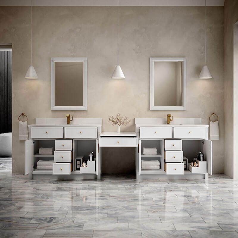 James Martin Bellshire 120 Inch Dual Vanity With 24 Inch Make-Up Counter Bright White in Faucet White Zeus Silestone Top & Backsplash Front View