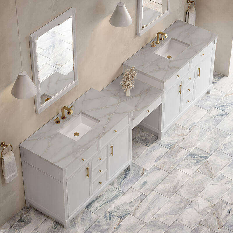 James Martin Bellshire 120 Inch Dual Vanity With 24 Inch Make-Up Counter Bright White in Victorian Silver Silestone Top