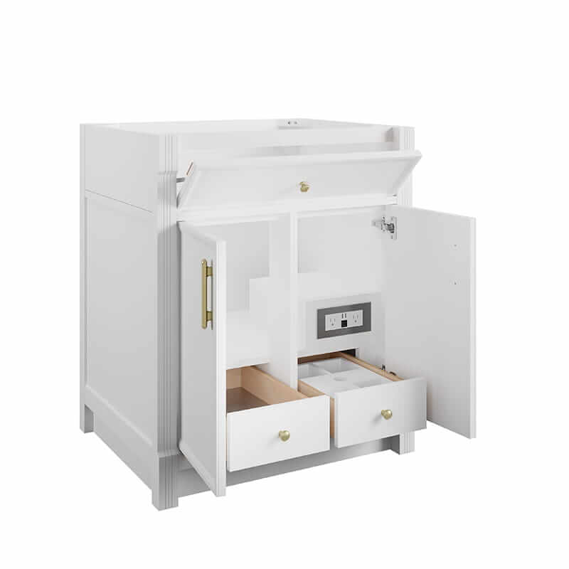 James Martin Bellshire 30 Inch Single Vanity in Bright White Corner View Open Door