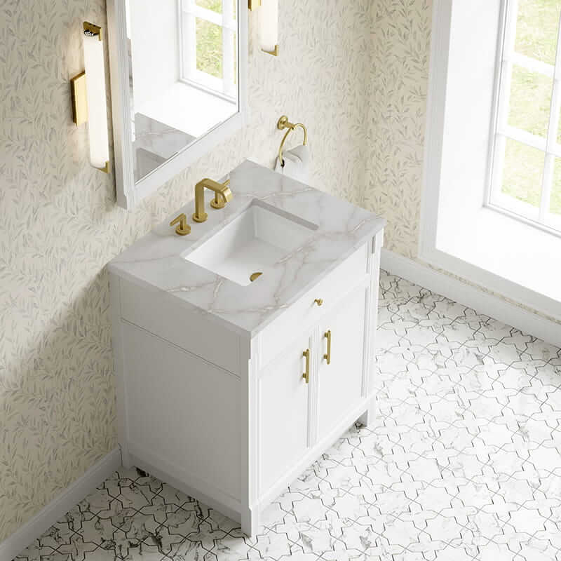 James Martin Bellshire 30 Inch Single Vanity in Bright White With Victorian Silver Silestone Top