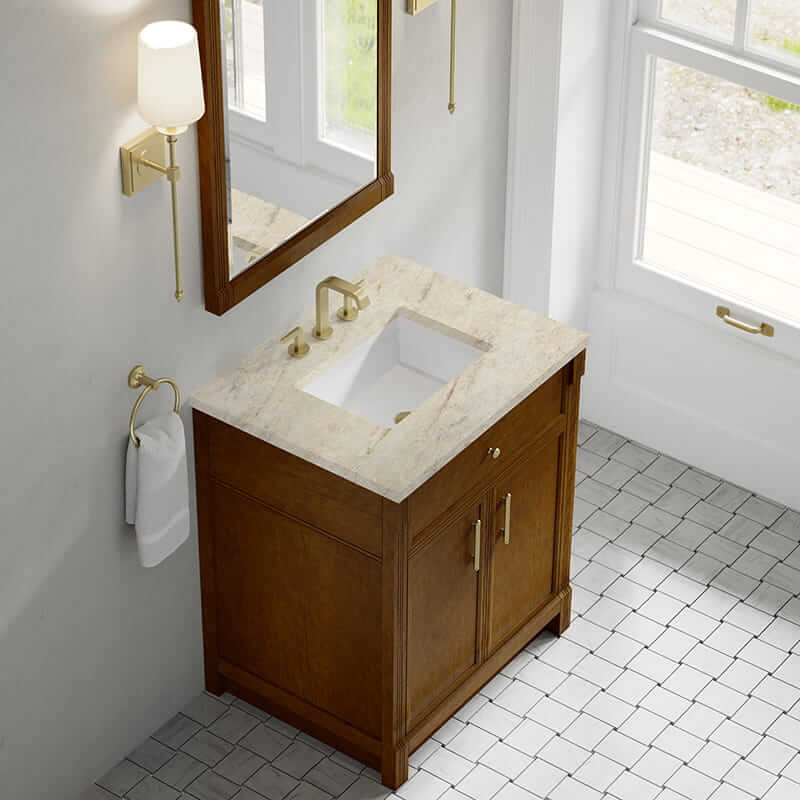 James Martin Bellshire 30" Single Vanity in Honey Oak With Tajnar Eclos Top