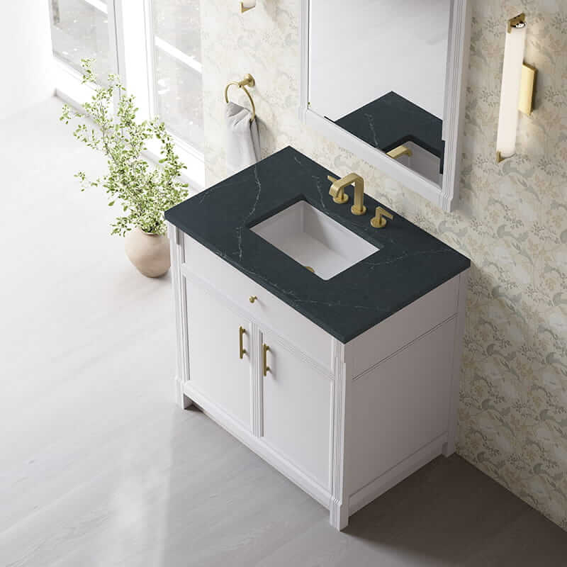 James Martin Bellshire 36 Inch Single Vanity in Bright White With Charcoal Soapstone Silestone Top