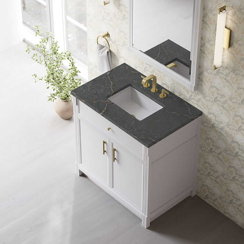 James Martin Bellshire 36 Inch Single Vanity in Bright White With Parisien Bleu Silestone Top