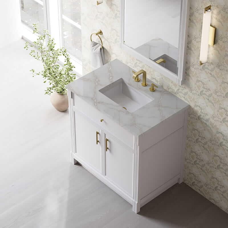 James Martin Bellshire 36 Inch Single Vanity in Bright White With Victorian Silver Silestone Top
