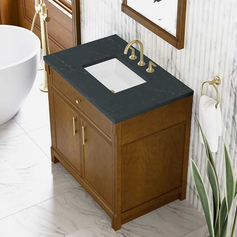 James Martin Bellshire 36 Inch Single Vanity in Honey Oak With Charcoal Soapstone Silestone Top