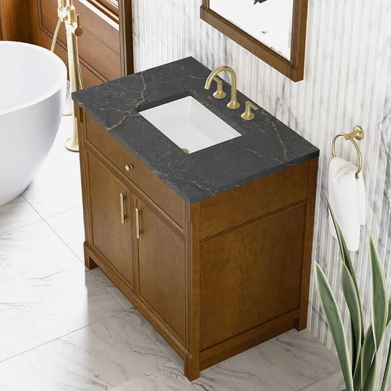 James Martin Bellshire 36 Inch Single Vanity in Honey Oak With Parisien Bleu Silestone Top