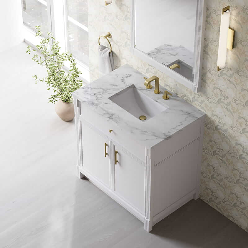 James Martin Bellshire 36" Single Vanity in Bright White With Carrara Marble Top