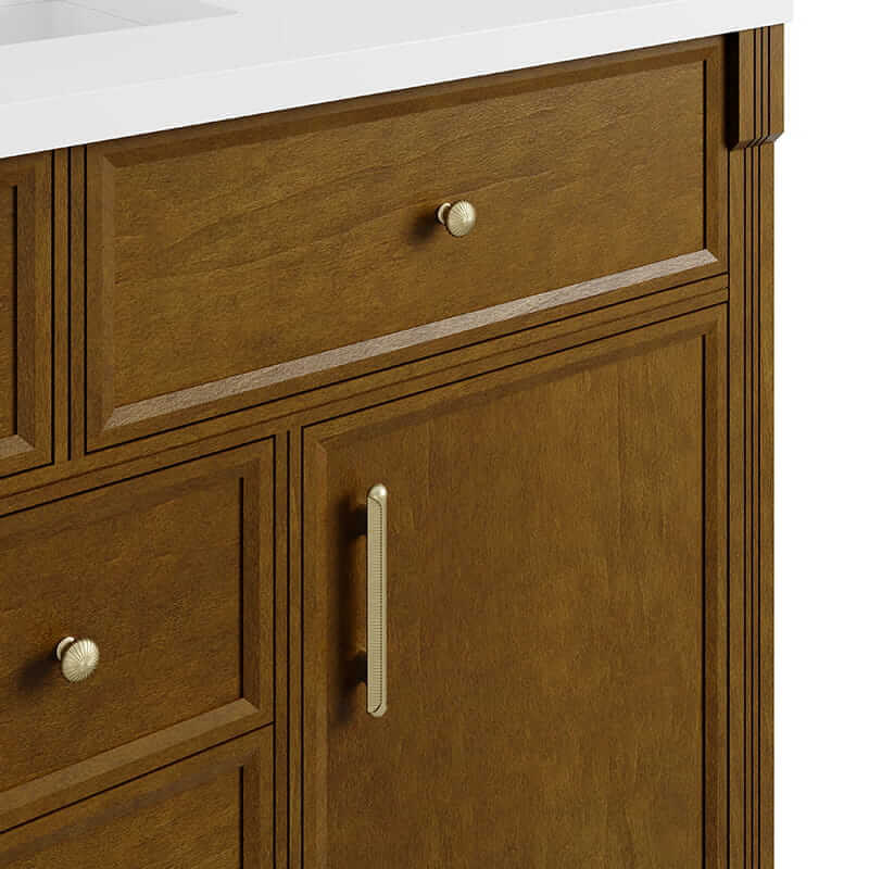 James Martin Bellshire 48 Inch Single Vanity in Honey Oak Champagne Brass Knobs and Pulls