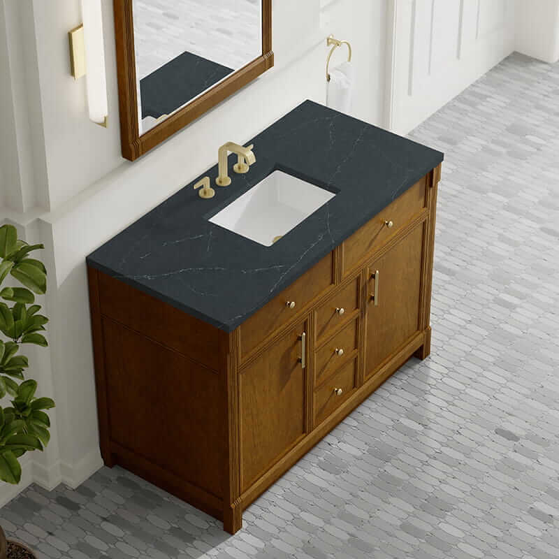 James Martin Bellshire 48 Inch Single Vanity in Honey Oak With Charcoal Soapstone Silestone Top