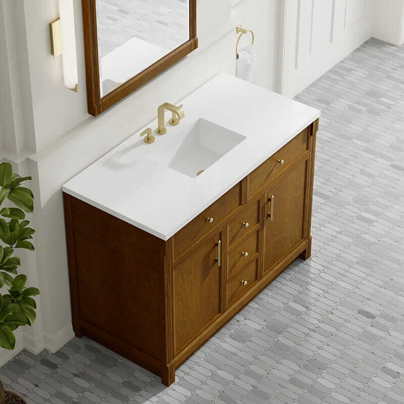 James Martin Bellshire 48 Inch Single Vanity in Honey Oak With White Zeus Silestone Top