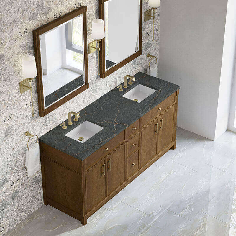 James Martin Bellshire 72 Double Vanity Honey Oak in Parisien Bleu Silestone Top