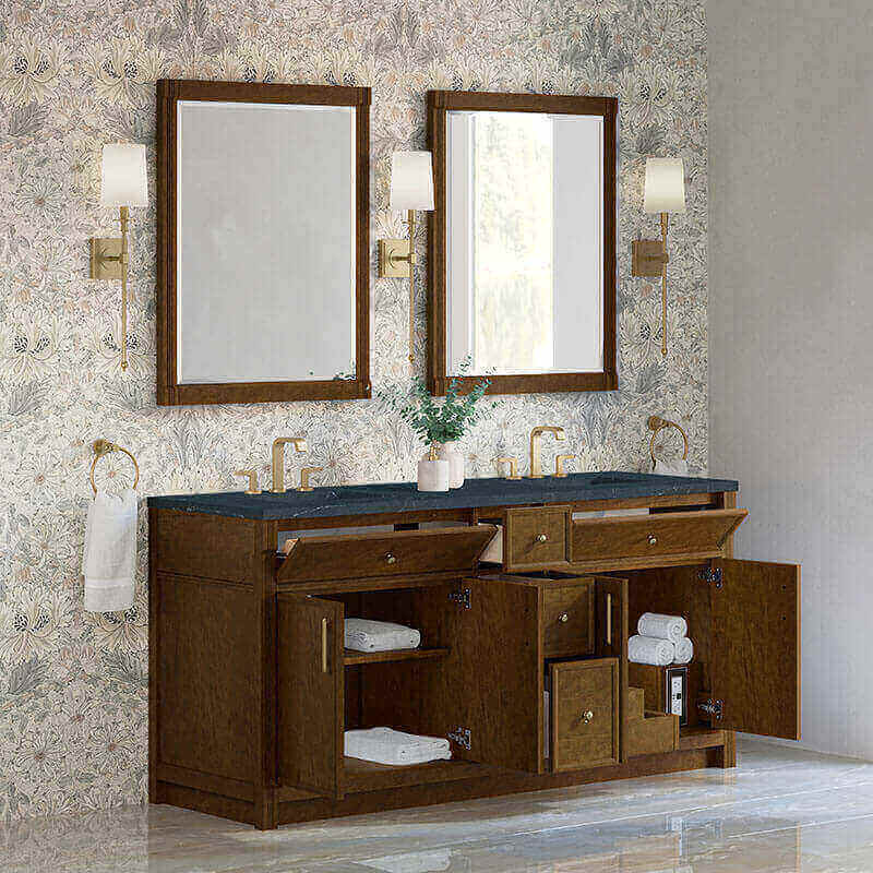 James Martin Bellshire 72 Inch Double Vanity Honey in Charcoal Soapstone Silestone Top Corner View