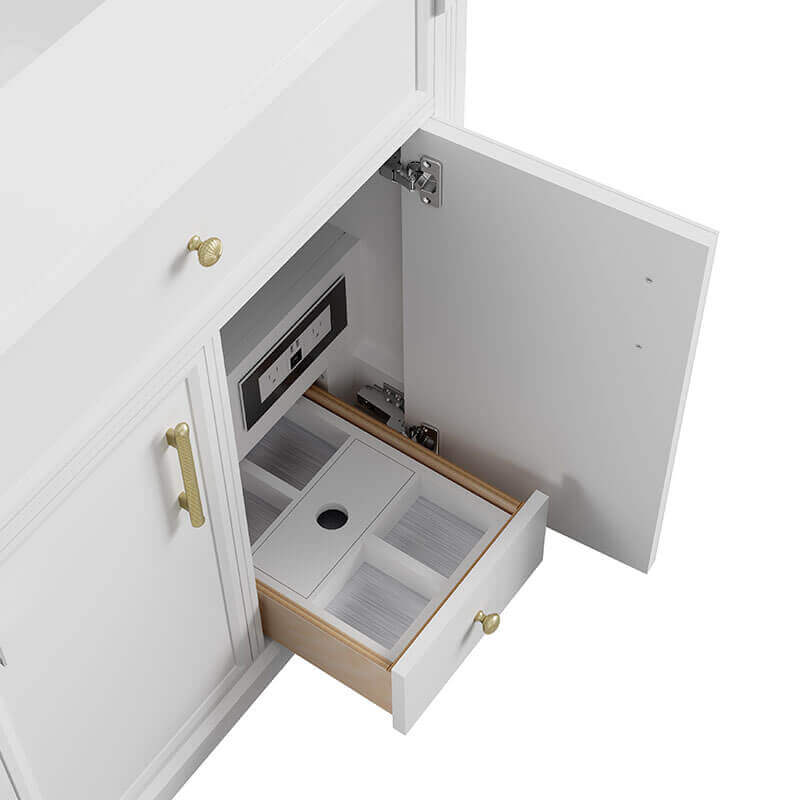 James Martin Bellshire 84 Dual Vanity With 24 Make-Up Counter Bright White in Single Hole Faucet White Zeus Silestone Top & Backsplash Adjustable Drawer