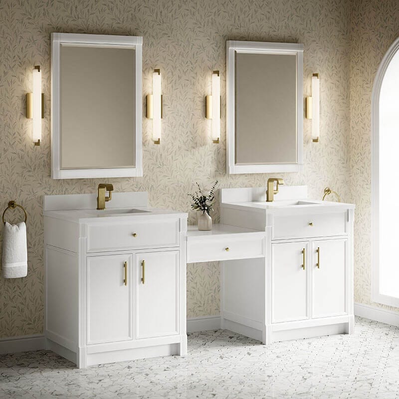 James Martin Bellshire 84 Dual Vanity With 24 Make-Up Counter Bright White in Single Hole Faucet White Zeus Silestone Top & Backsplash Corner View