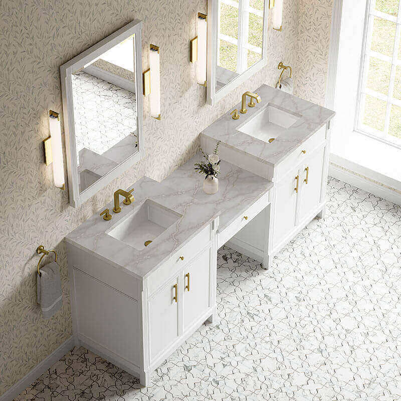 James Martin Bellshire 84 Dual Vanity With 24 Make-Up Counter Bright White in Victorian Silver Silestone Top